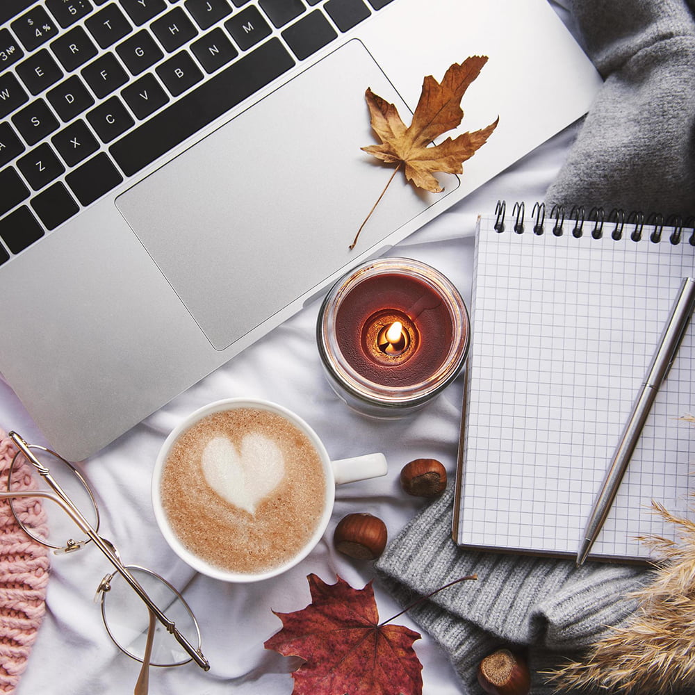 Laptop Sweater Yellow Autumn Leaves Candle And Coffee On White Bed Free Photo